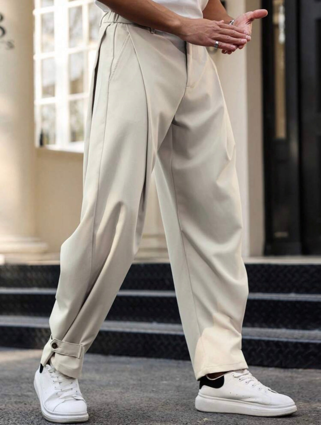 Men’s Solid Color Pleated Tapered Formal Pants with Side Cutout Detail – Designer Style Trousers