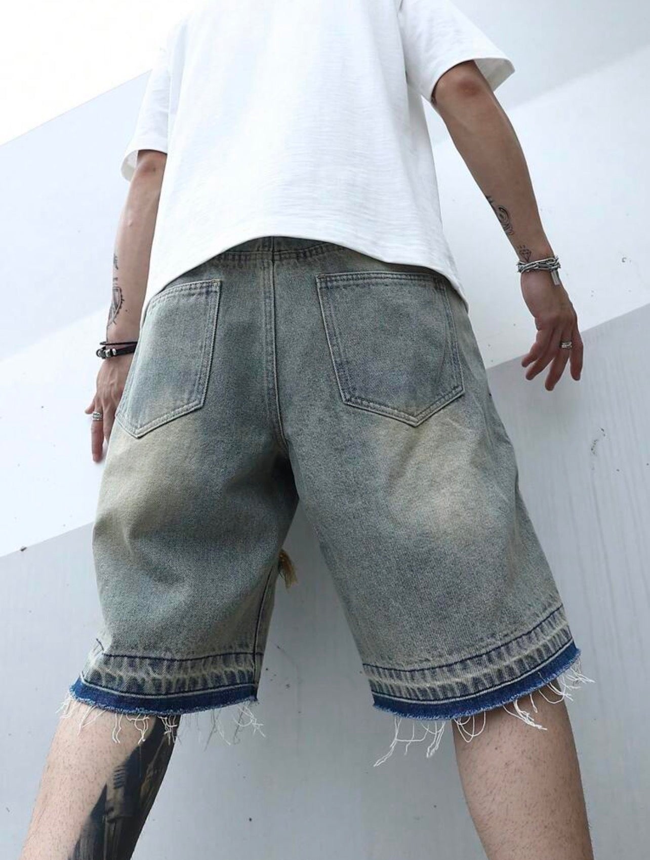 Men’s Ripped Frayed Raw Hem Oversized Denim Shorts – Baggy Distressed Streetwear Jorts