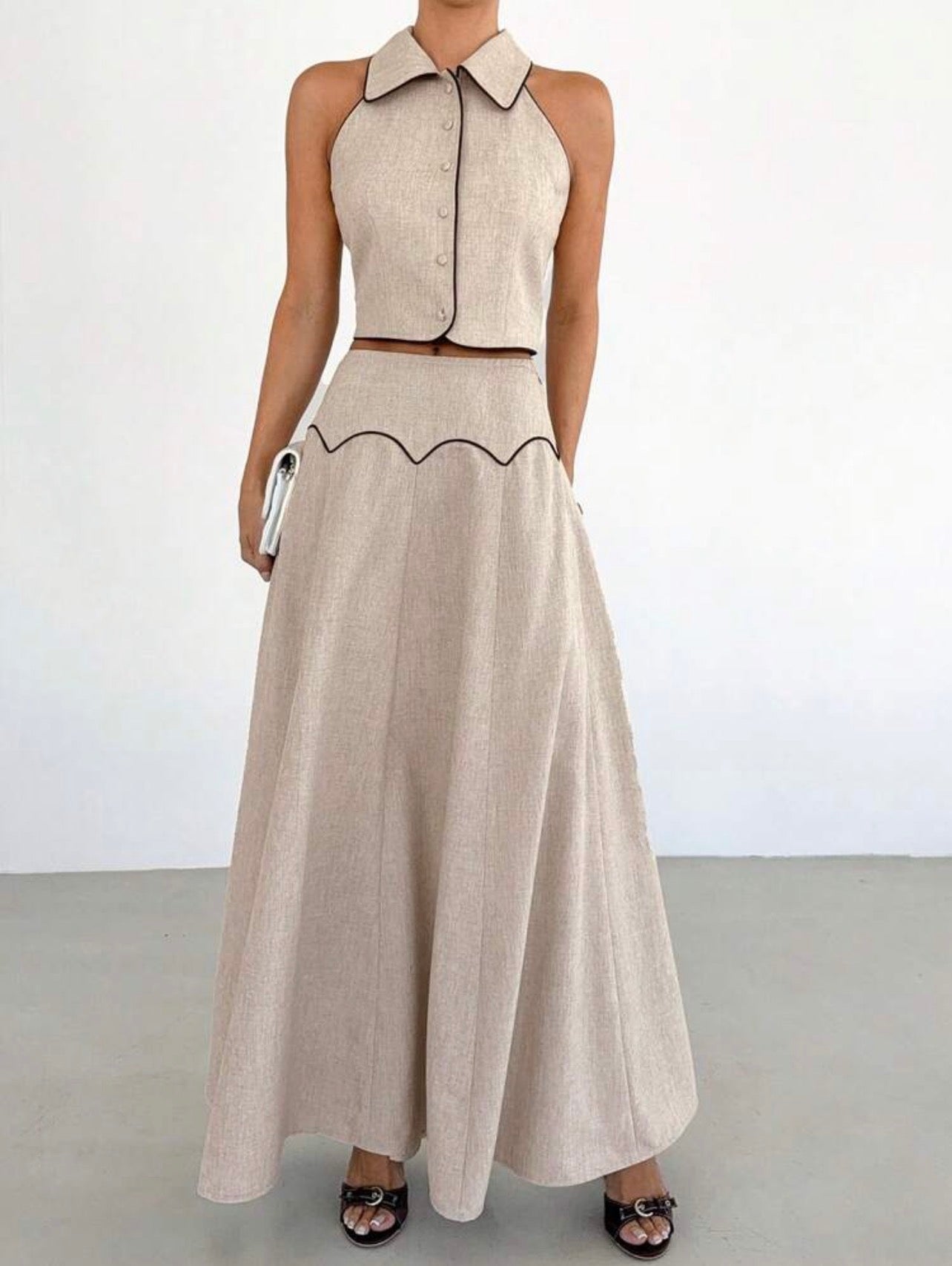 Women’s Linen Sleeveless Collared Top & High-Waisted Long Skirt Two-Piece Set