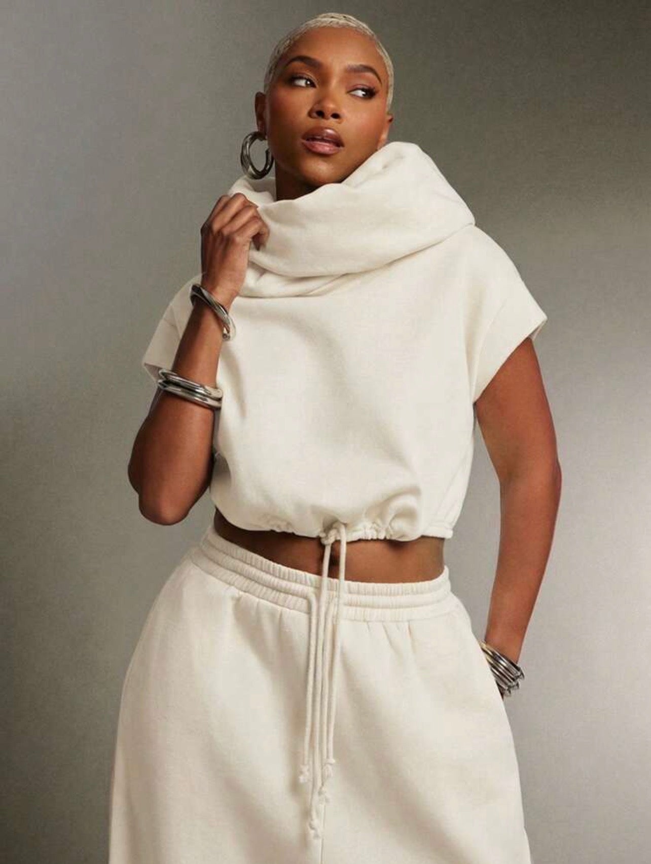Women’s High Neck Hooded Terry Sweatshirt Top – Multi-Wear Streetwear Hoodie