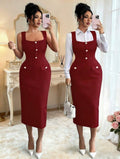 Women’s Elegant Textured Knit Square Neck Sleeveless Pearl Button Dress