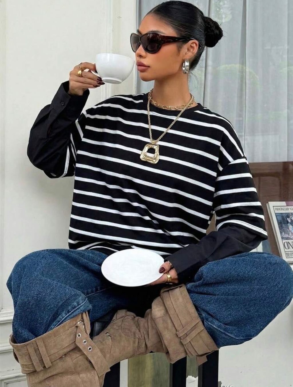 Women’s 2-in-1 Black Striped Patchwork Round Neck Loose Long Sleeve T-Shirt – Casual Top