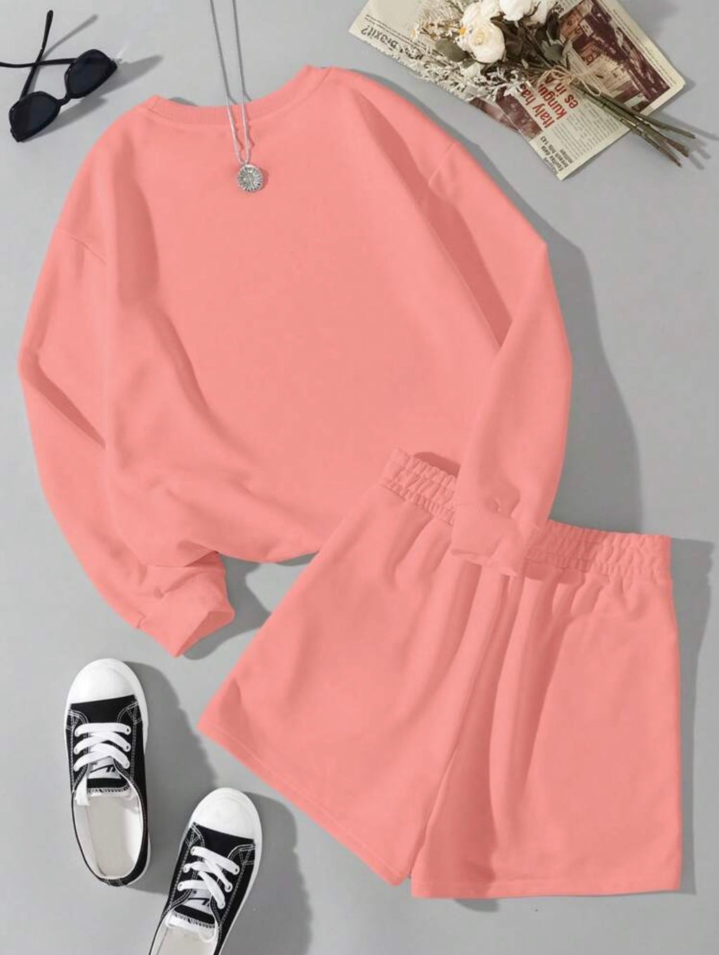 Women’s Letter Print Crew Neck Long Sleeve Top & Shorts Two-Piece Set