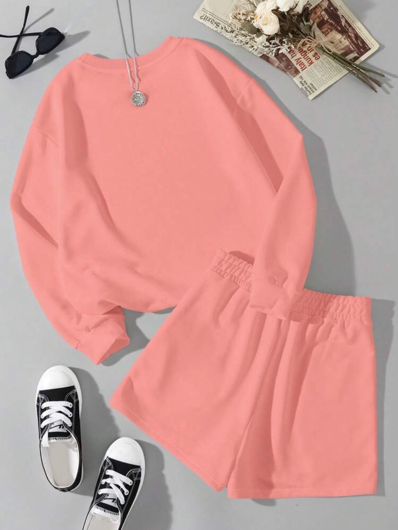 Women’s Letter Print Crew Neck Long Sleeve Top & Shorts Two-Piece Set