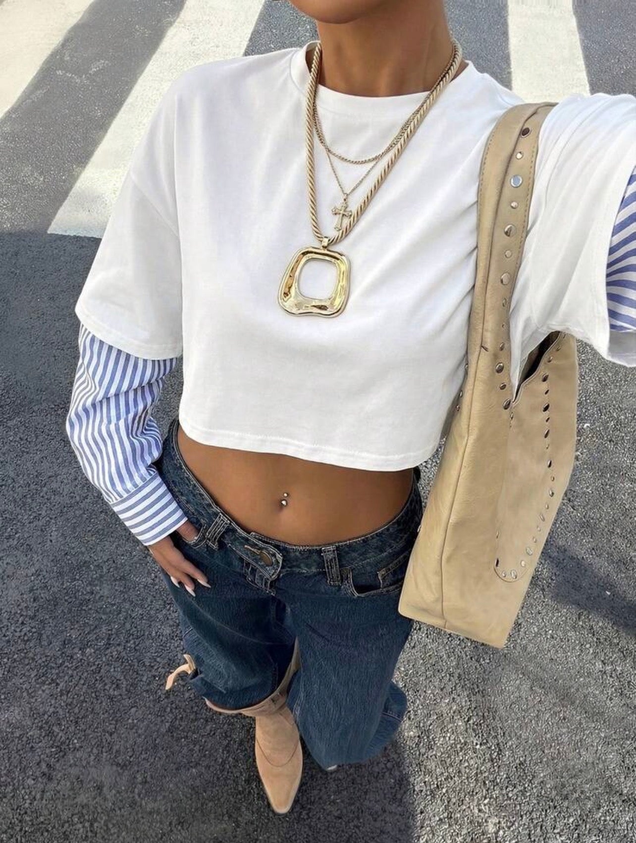 Women’s 2-in-1 Round Neck Loose Long Sleeve Cropped T-Shirt – Casual Fall Top
