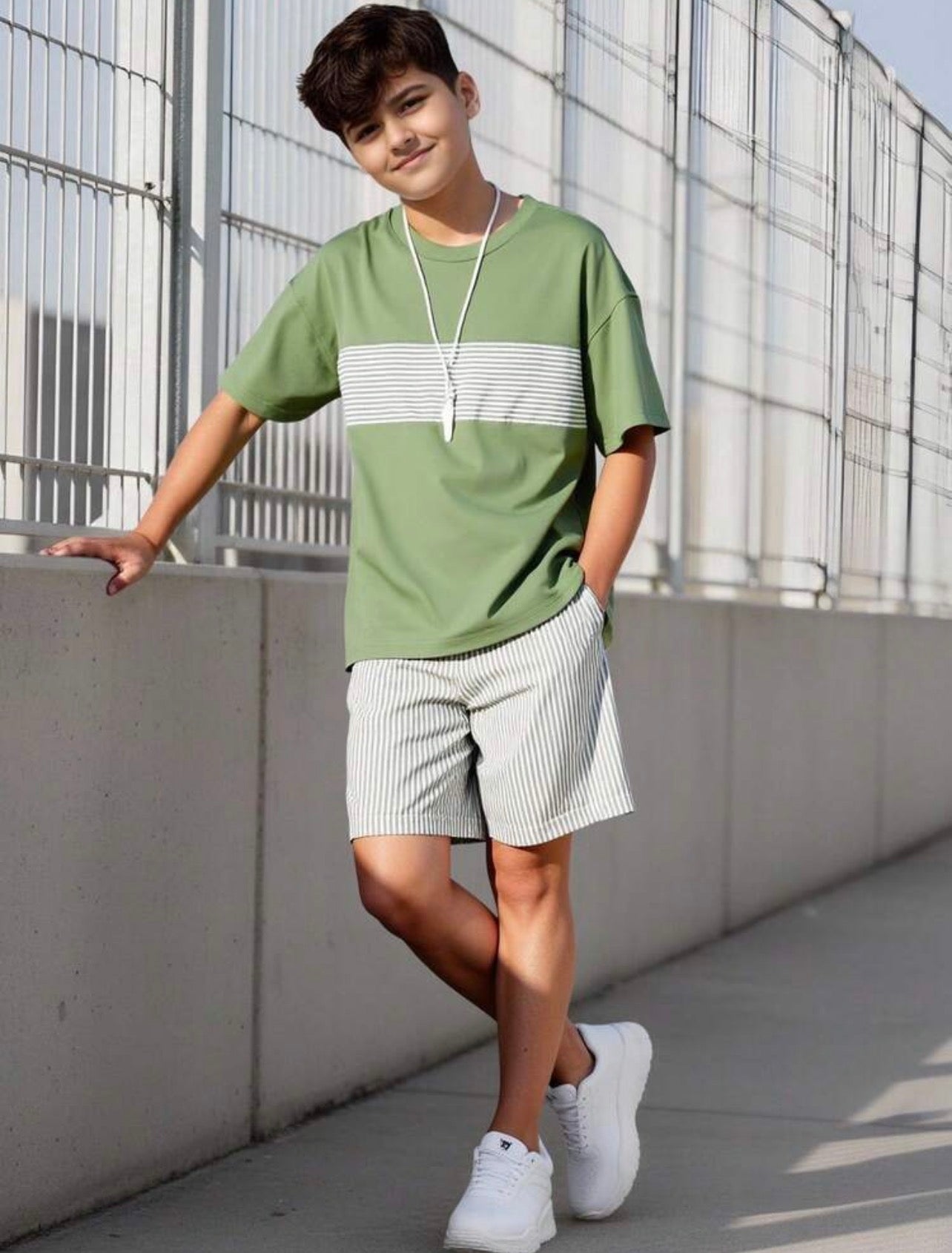 Boys Navy Blue Striped T-Shirt & Loose Shorts Casual Summer Sports Set