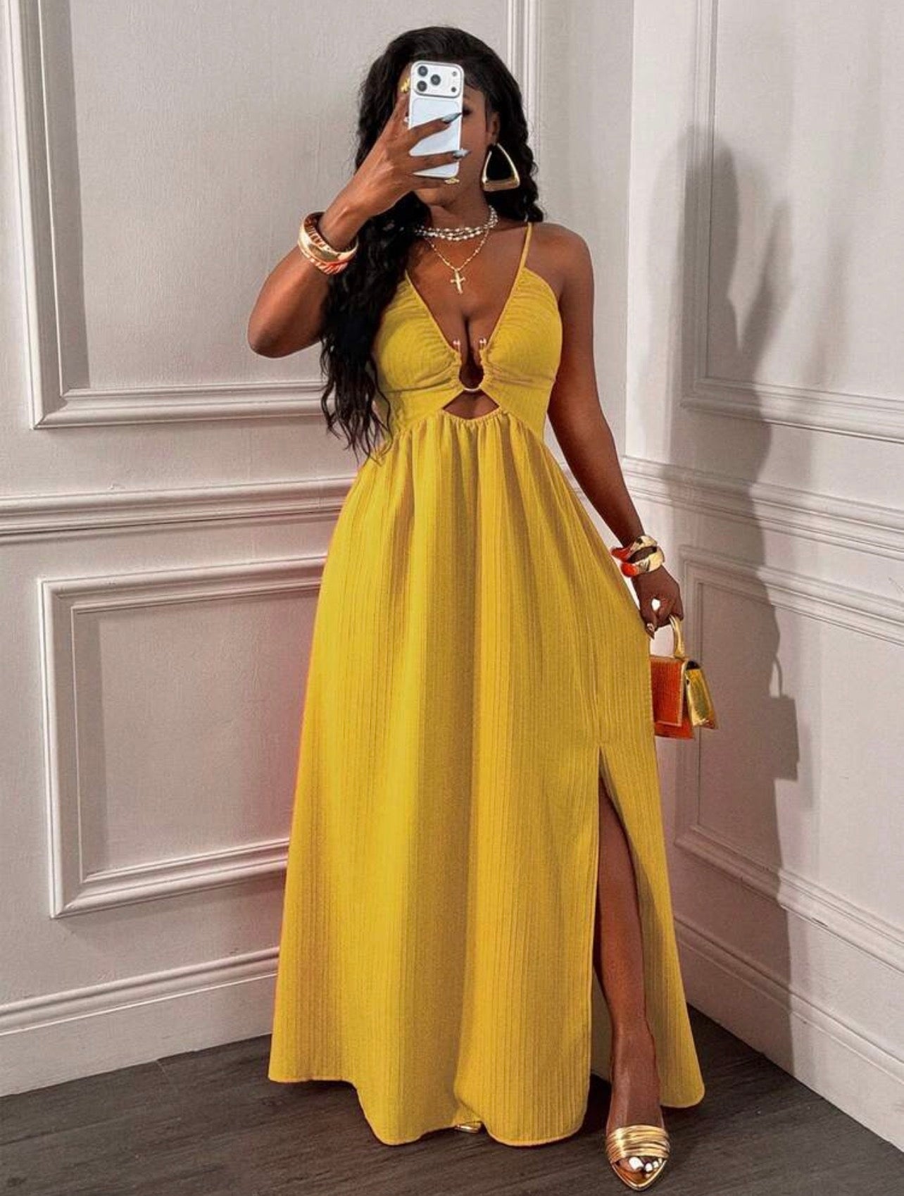 Women’s Spaghetti Strap Backless Criss-Cross High Slit Ruched Hem Dress