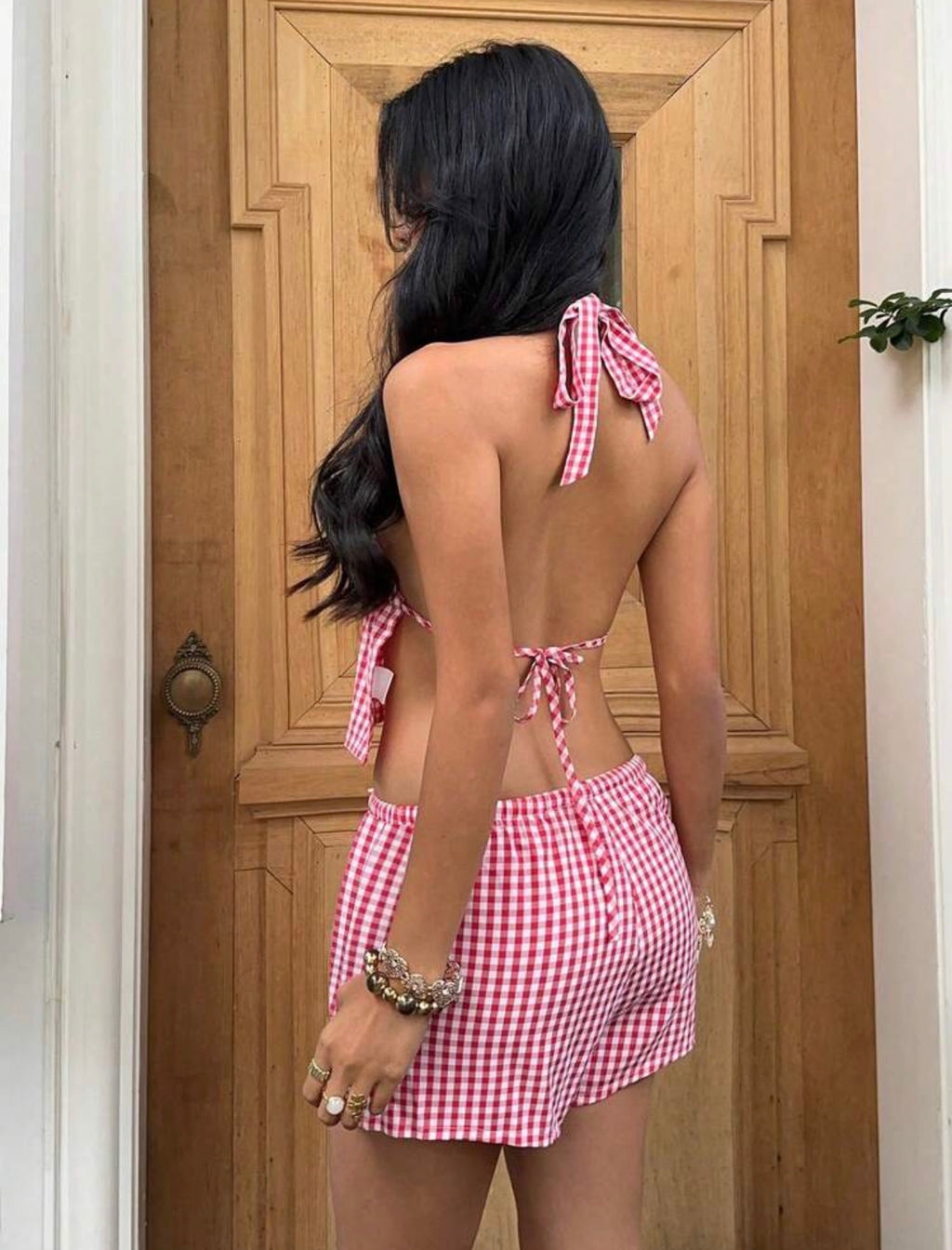 Women’s 2-Piece Linen Backless Tie-Up Vest & Frill Waist Shorts Set