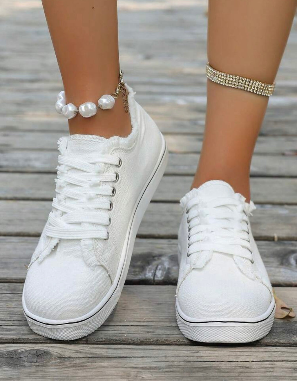 Women’s Round Toe Lace-Up Canvas Sneakers with Frayed Detail for Everyday Casual Wear