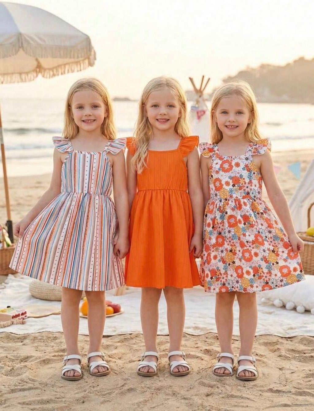 3-Piece Girls Floral & Striped Ruffle Cuff Square Collar Dress Set for Summer