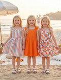 3-Piece Girls Floral & Striped Ruffle Cuff Square Collar Dress Set for Summer