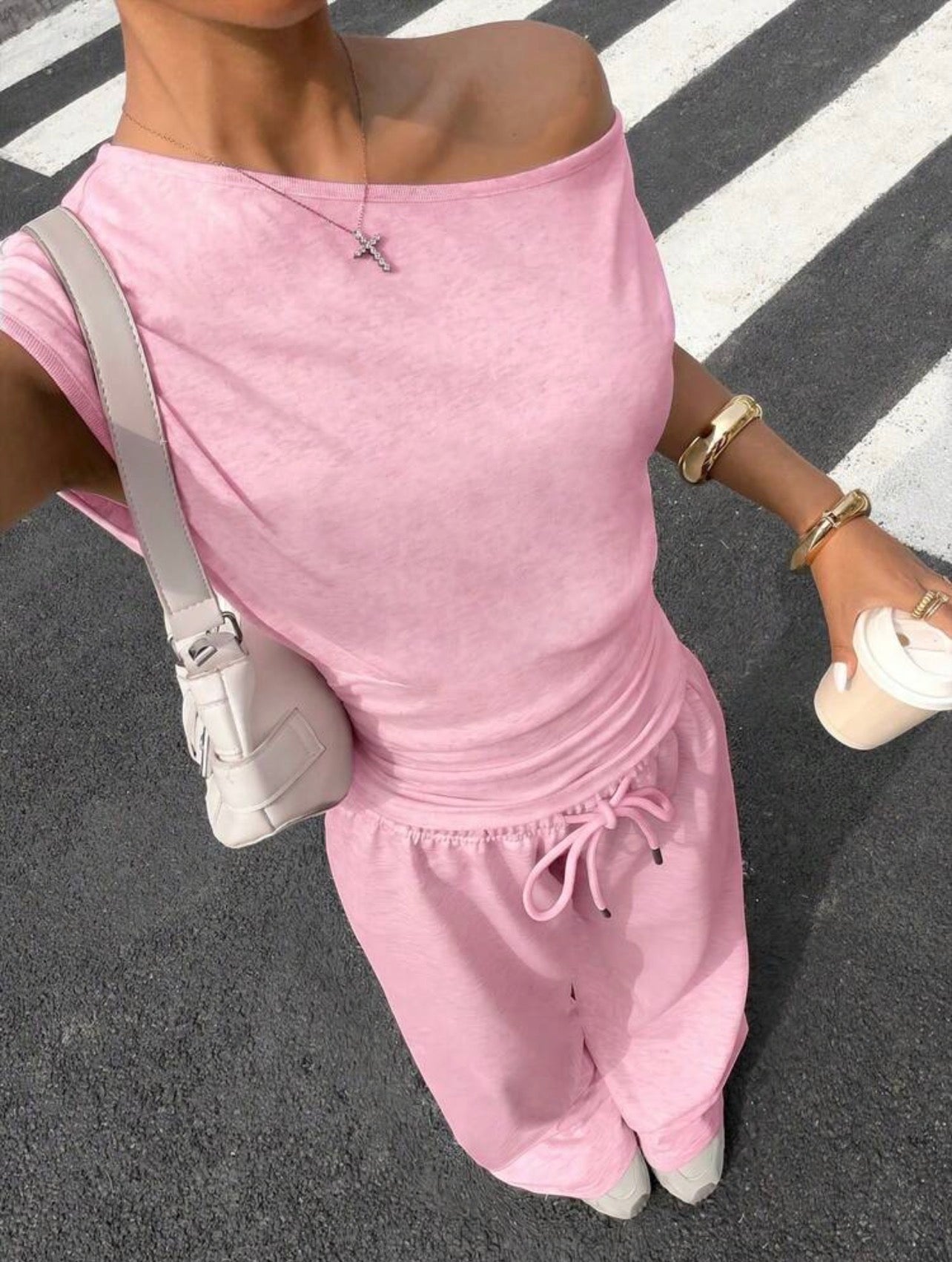 Women’s Asymmetrical Shoulder Cinched Waist Top & Loose Pants Two-Piece Set