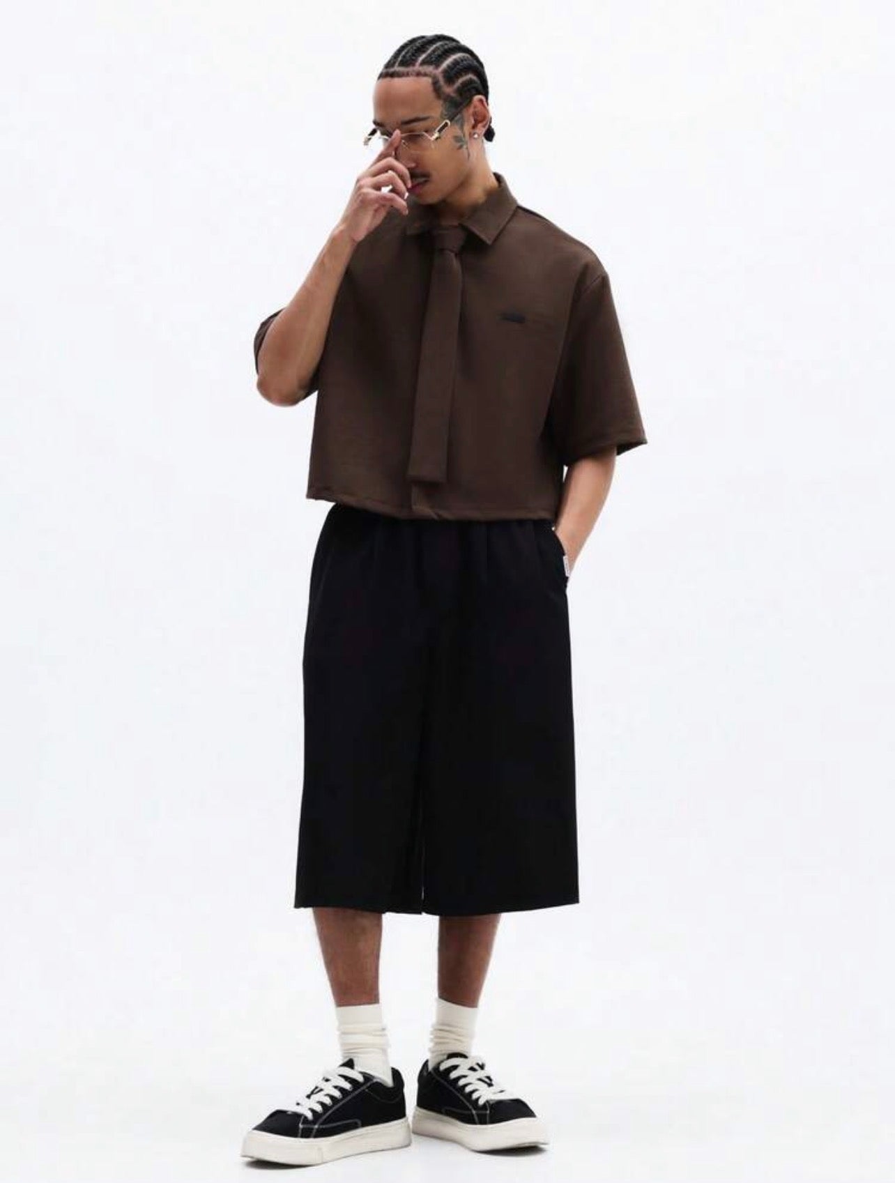 Men’s Cropped Button-Down Short Sleeve Shirt with Tie Detail – Casual Business Top