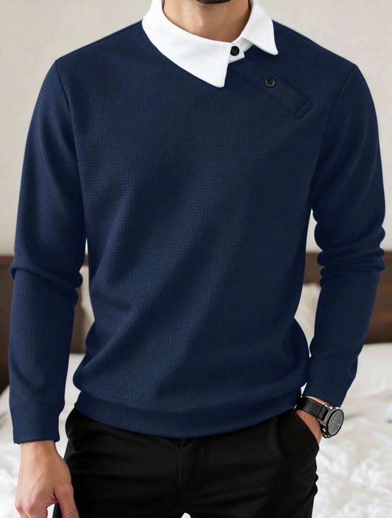 Men’s Contrast Color Long Sleeve Buttoned Knitted Polo Shirt – Casual Business Top