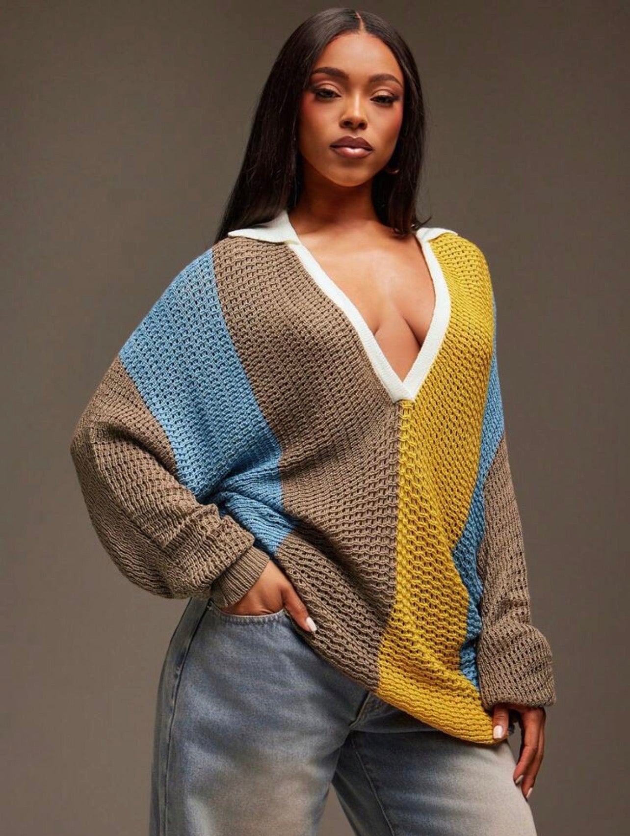Women’s Collared Oversized Striped Knit Long Sleeve Top – Casual Streetwear