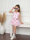 Toddler Girls Strawberry Print Vest Top & Pleated Skirt Pink Striped 2-Piece Set