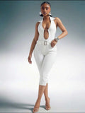 Stretch Denim Halter Cut-Out Plunge Neck Romper for Women