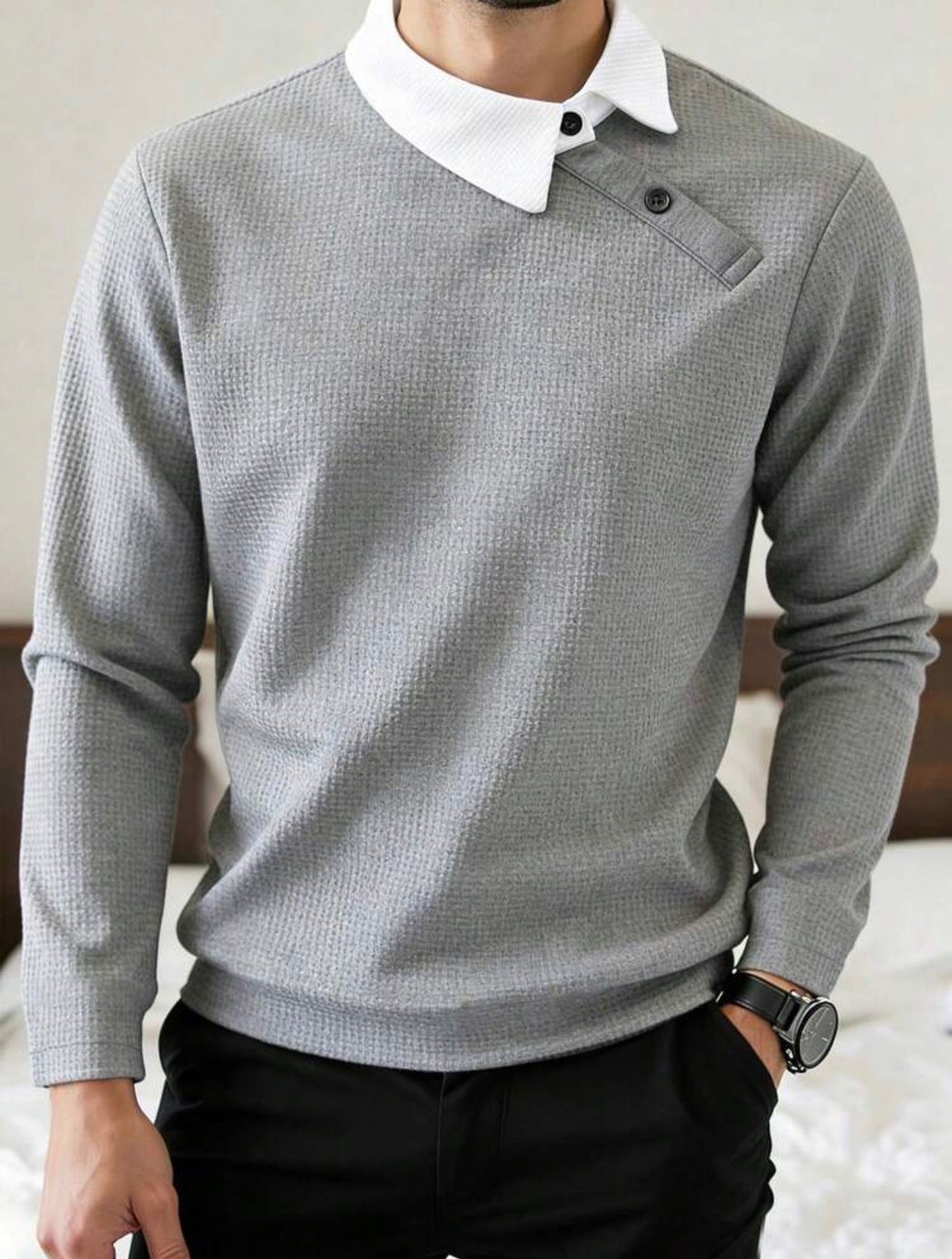 Men’s Contrast Color Long Sleeve Buttoned Knitted Polo Shirt – Casual Business Top