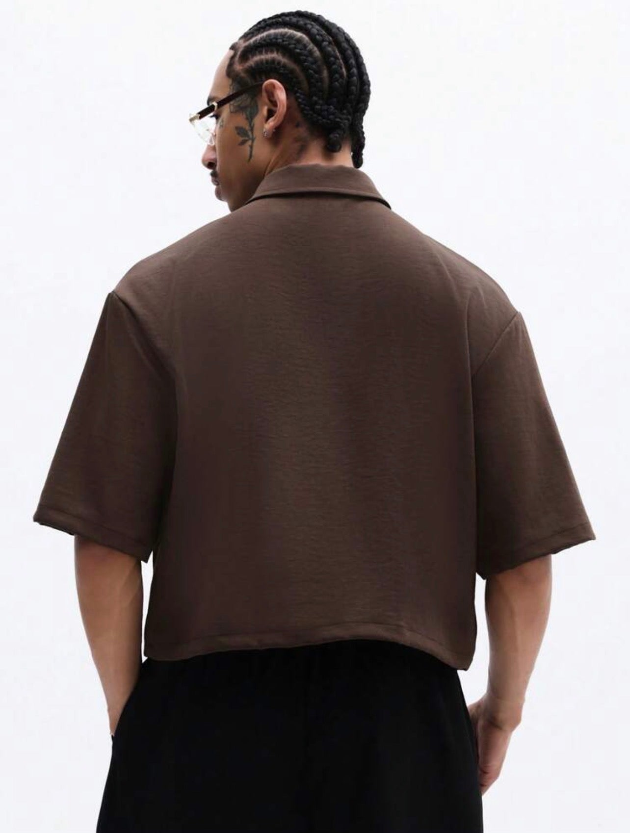 Men’s Cropped Button-Down Short Sleeve Shirt with Tie Detail – Casual Business Top