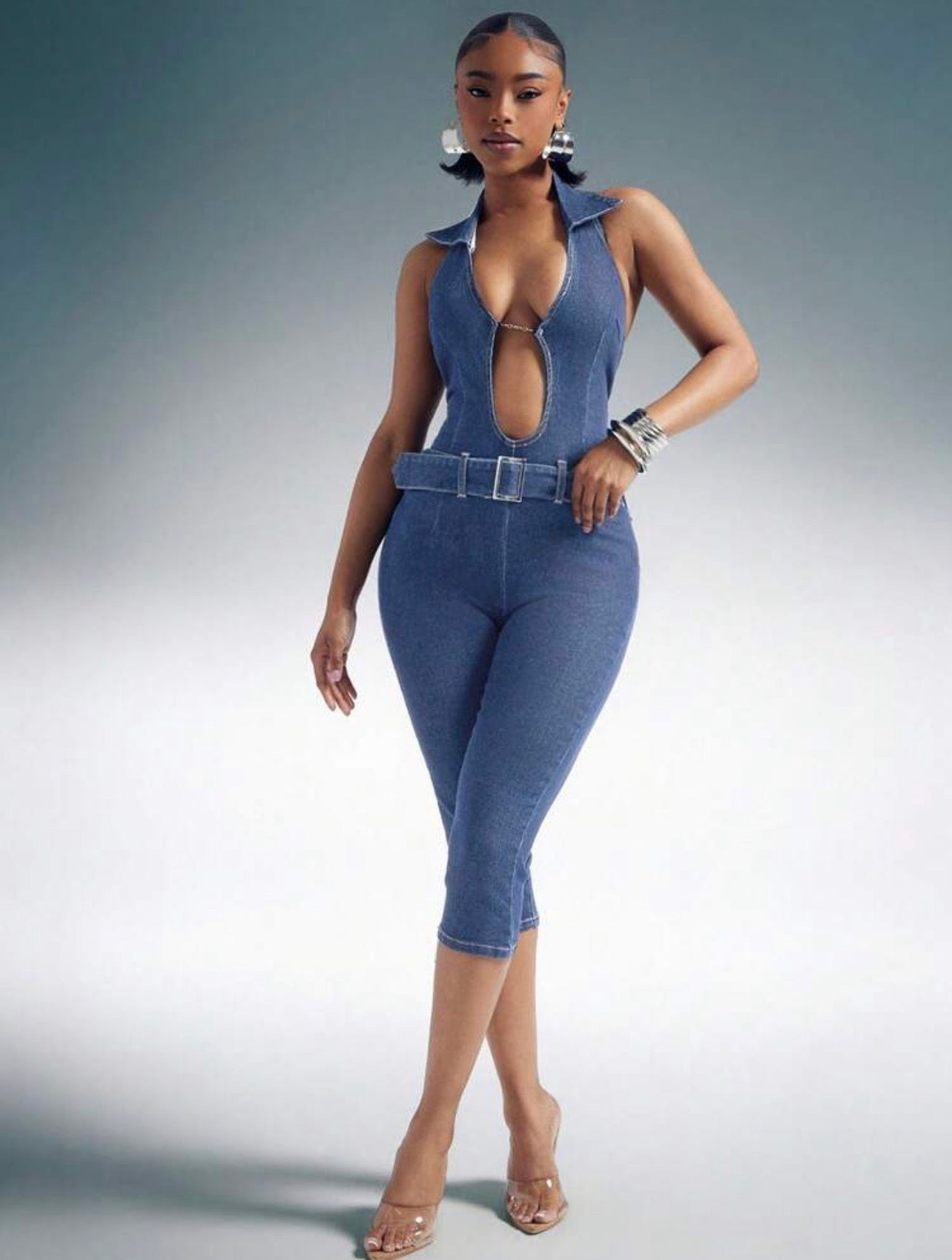 Stretch Denim Halter Cut-Out Plunge Neck Romper for Women