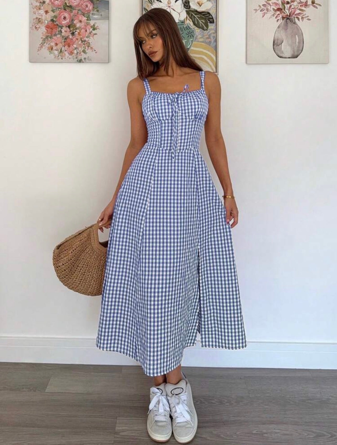 Women’s Floral Print Cinched Waist Slit Hem Cami Dress – Casual Resort Style