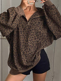 Women’s Leopard Print Zip-Up Long Sleeve Sweatshirt – Casual Fall Jacket Style Top