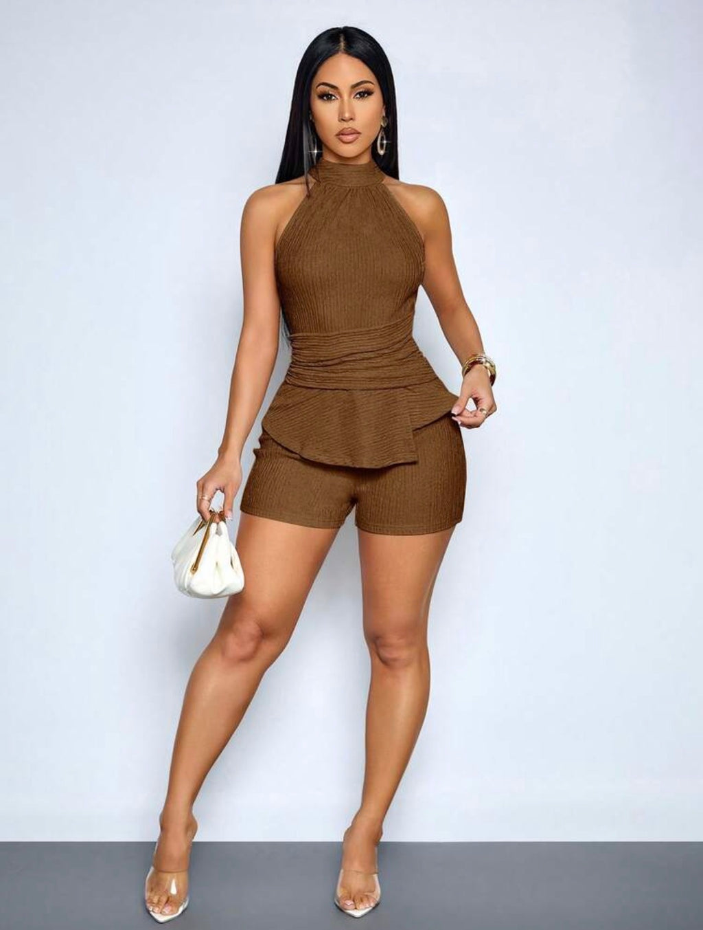Elegant Halter Neck Cinched Waist Short Jumpsuit – Resort Summer Style