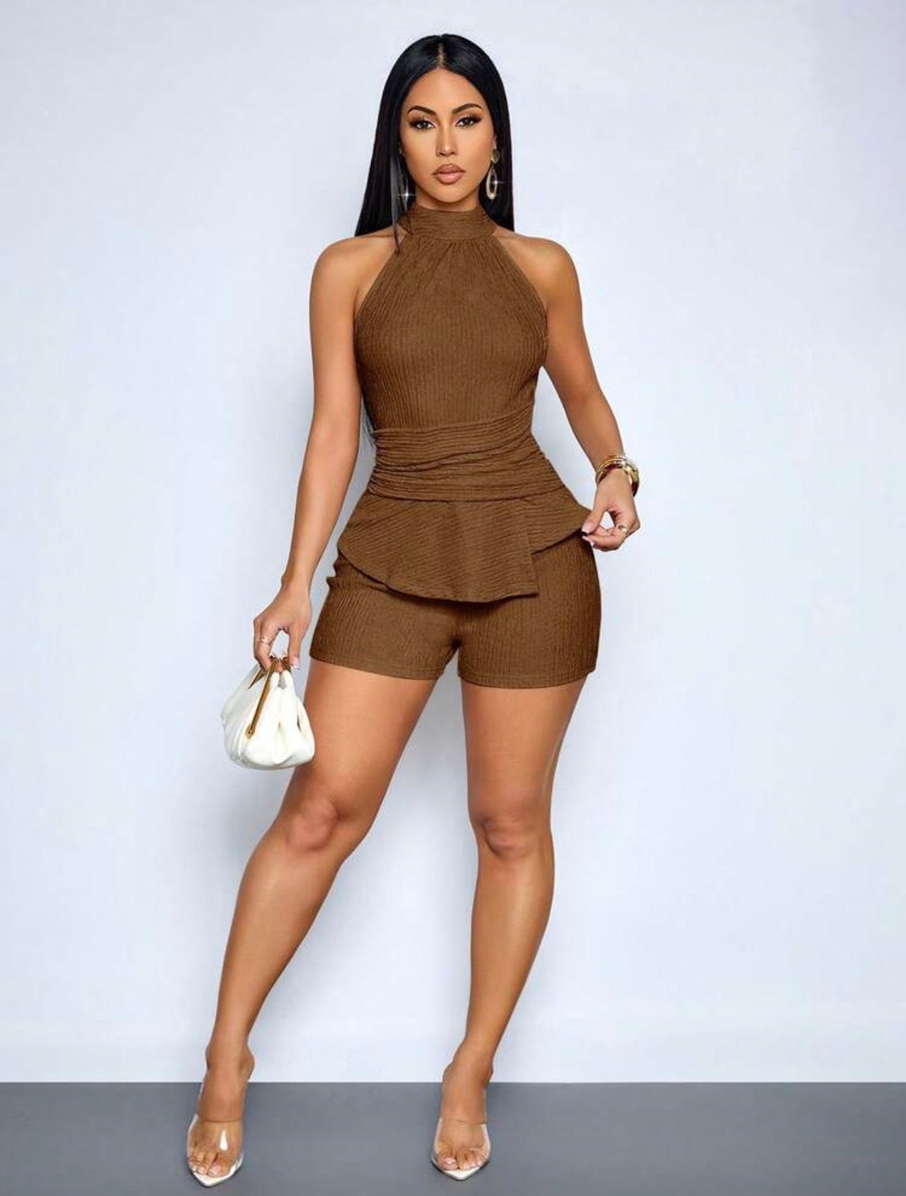 Elegant Halter Neck Cinched Waist Short Jumpsuit – Resort Summer Style
