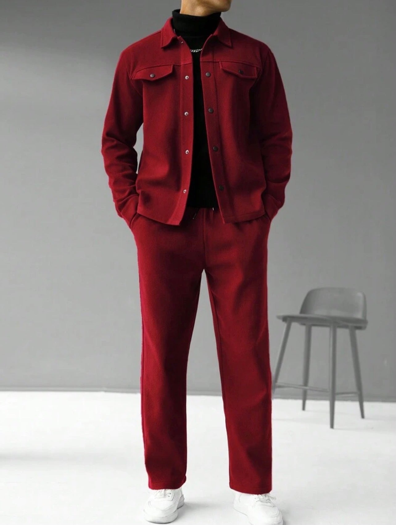 Men’s Solid Color Single-Breasted Jacket & Pants Two-Piece Set – Casual Fall Outfit