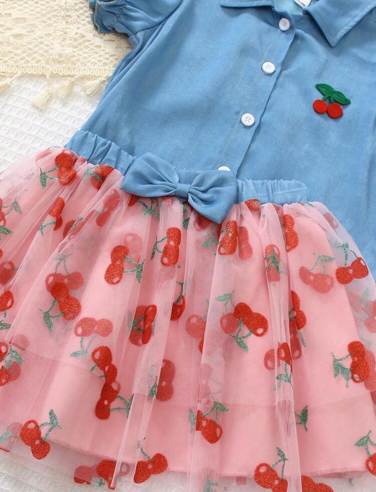 Girls Cherry Embroidered Puff Sleeve Top, Cherry Print Skirt & Bag 3-Piece Outfit Set