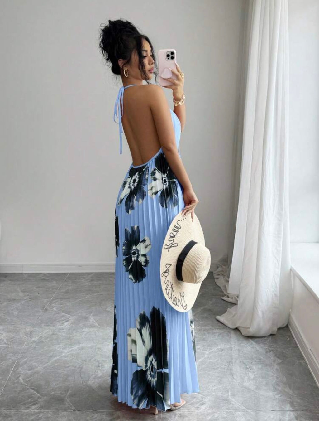 Women’s Loose Fit Pleated Printed Maxi Dress – Elegant Casual Vacation Style