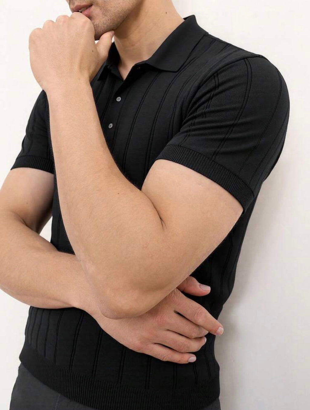 Men’s Ribbed Knit Polo Neck Short Sleeve Top – Casual Daily Wear Shirt