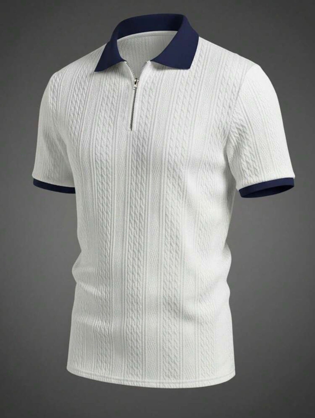 Men’s Jacquard Textured Half-Zip Polo Shirt with Contrast Collar – Casual Smart Top