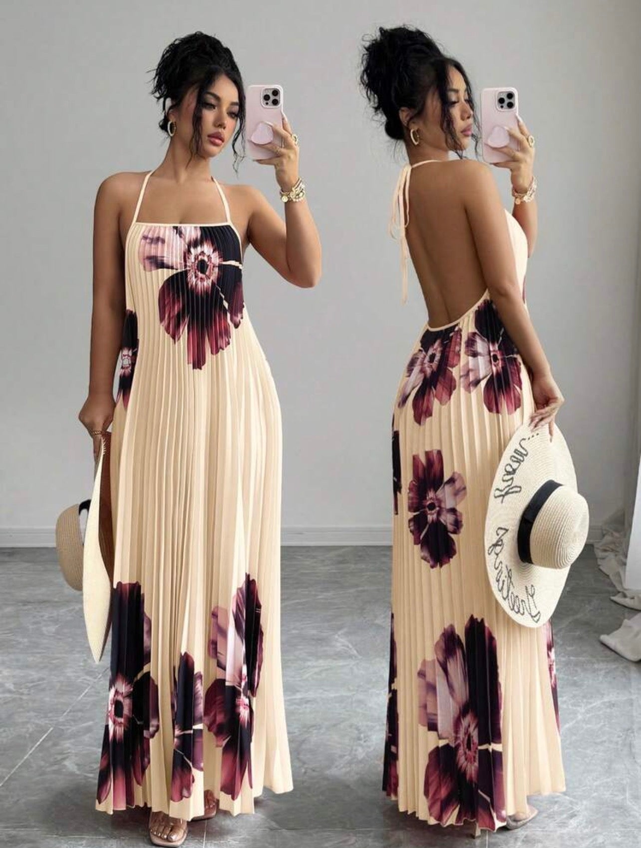 Women’s Loose Fit Pleated Printed Maxi Dress – Elegant Casual Vacation Style