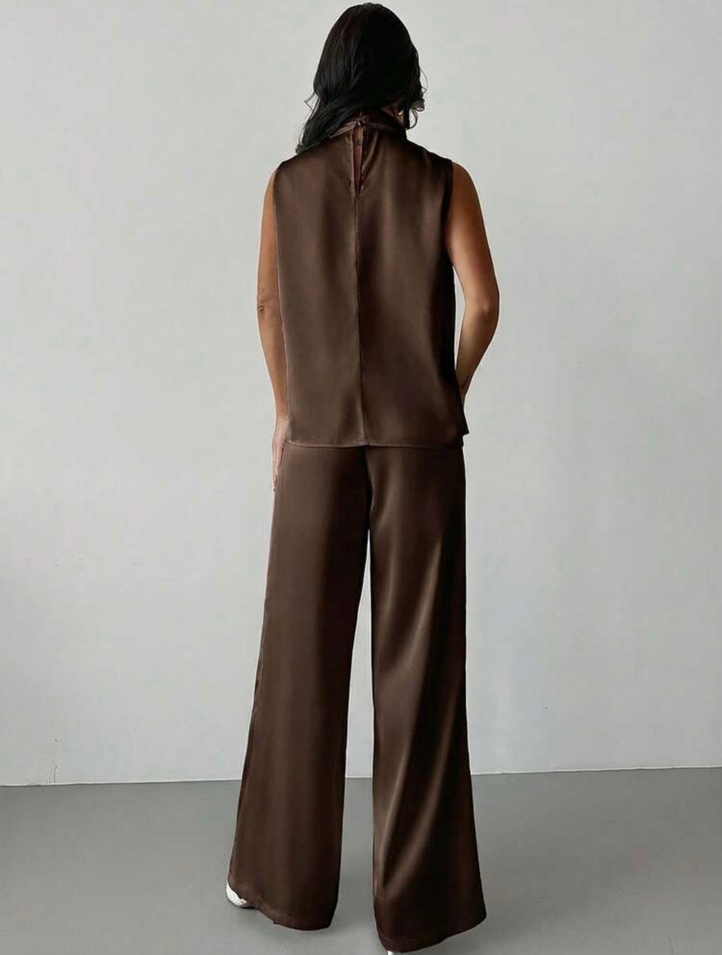 Women’s Satin Sleeveless Pleated Collar Blouse & Straight Leg Pants Elegant Two-Piece Set