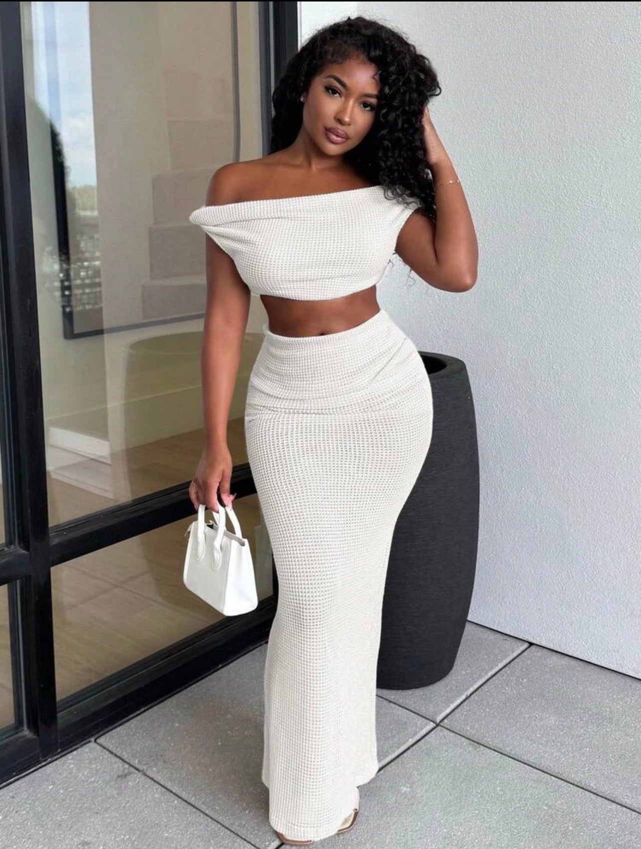 Women’s 2-Piece Crochet Knit Vacation Set – Asymmetrical Cutout Top & Fishtail Skirt