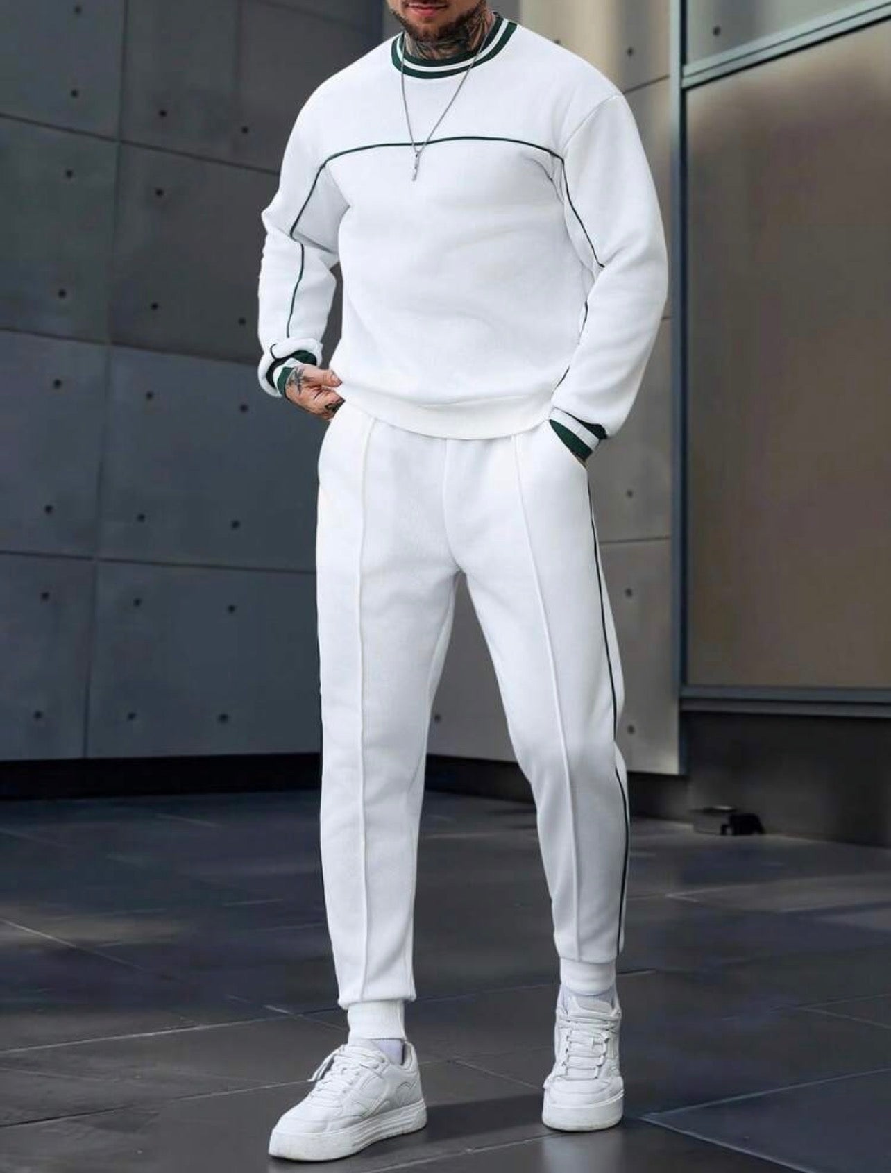 Men’s Fleece Thermal Lined Sweatshirt & Drawstring Sweatpants Two-Piece Set – Contrast Trim Casual Outfit