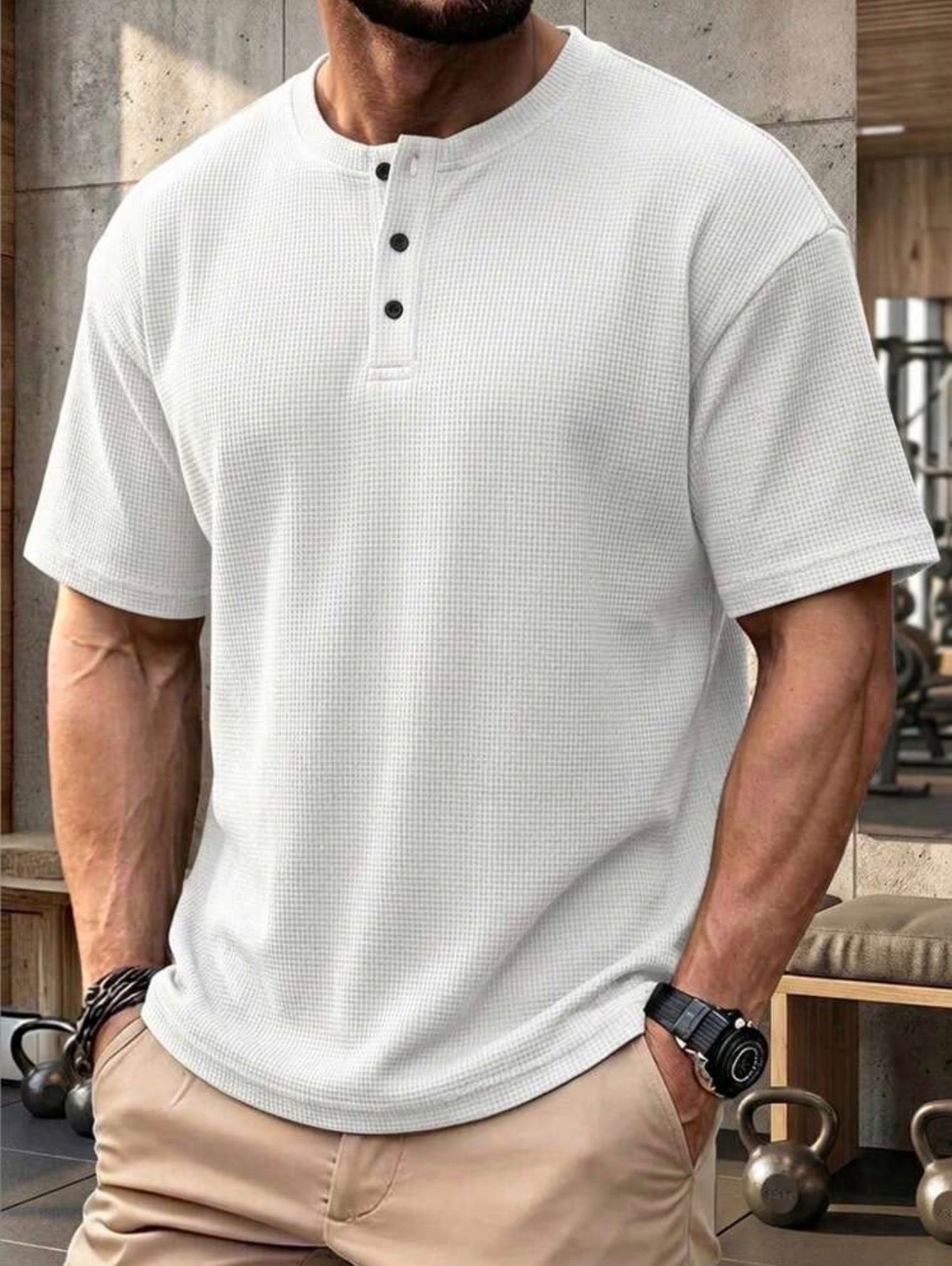 Men’s Waffle Knit Henley Collar Button Casual Polo Shirt – Relaxed Fit Short Sleeve Top
