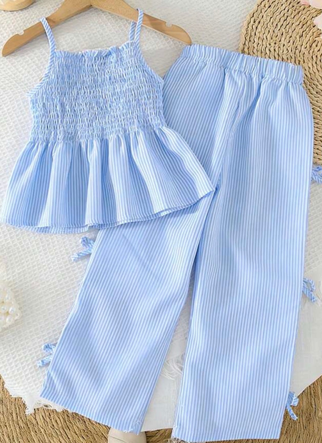 Girls Striped Ruffle Trim Cami Top & Bow Waist Pants Outfit Set