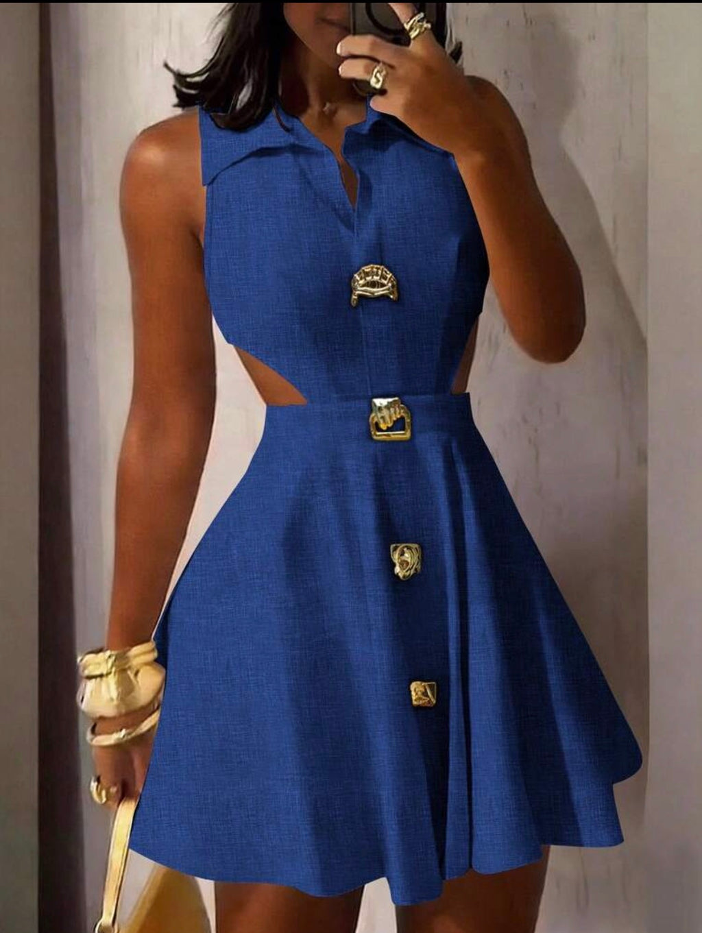 Women’s Elegant Sleeveless Lapel A-Line Dress with Asymmetrical Hem & Metal Buckle Detail