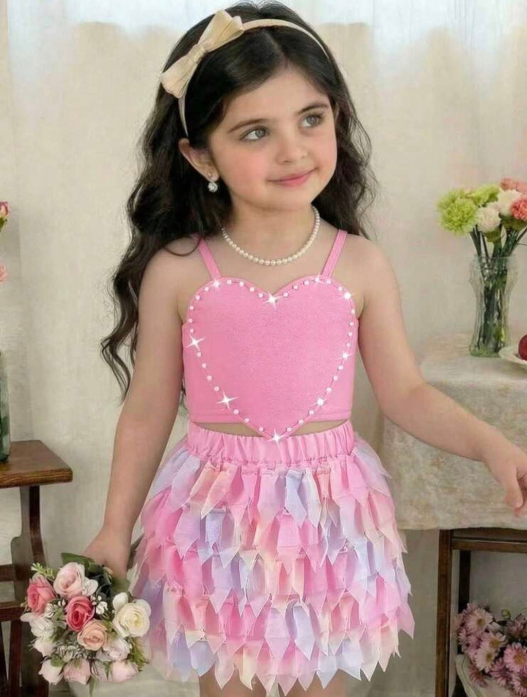 Girls Pearl Heart Strap Top & Colorful Tulle Layered Skirt 2-Piece Fashion Set