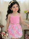 Girls Pearl Heart Strap Top & Colorful Tulle Layered Skirt 2-Piece Fashion Set