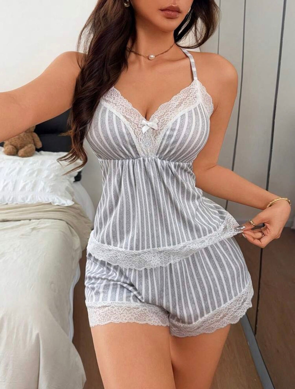 Women’s V-Neck Striped Color Block Lace Trim Camisole & Shorts Pajama Set
