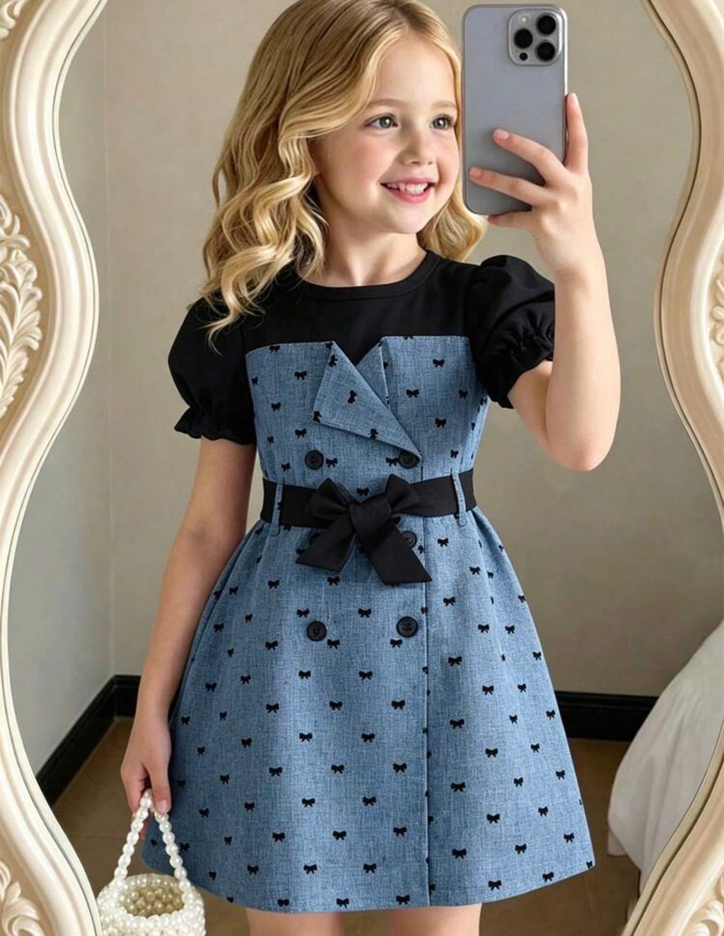 Girls Contrast Color Petal Sleeve Bow Detail A-Line Dress for Parties & Casual Wear