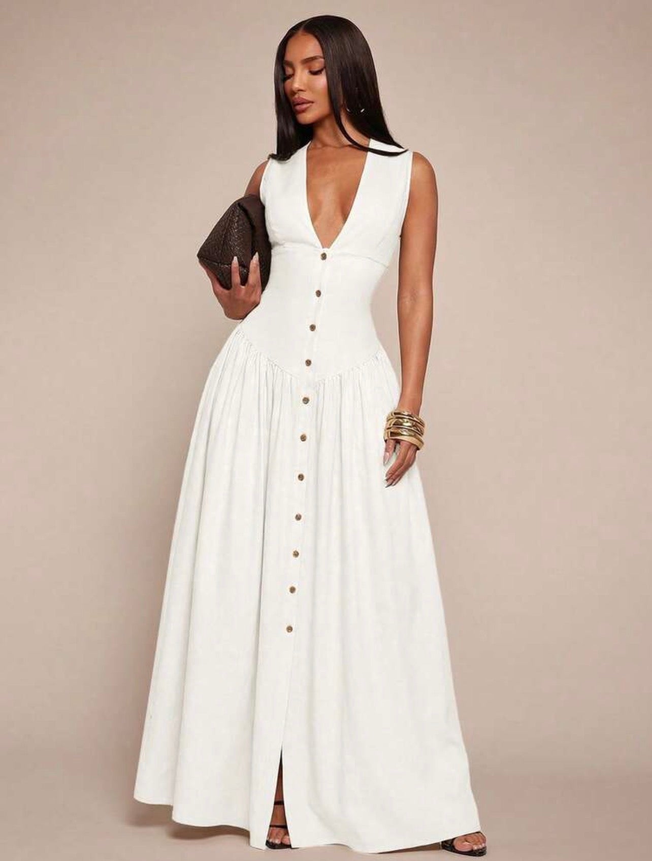 Elegant Minimalist V-Neck Sleeveless Waist-Cinched Button Front Flowy Dress for Women