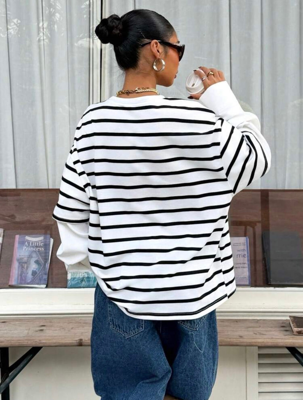 Women’s 2-in-1 Black Striped Patchwork Round Neck Loose Long Sleeve T-Shirt – Casual Top