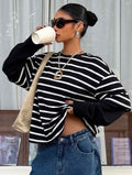 Women’s 2-in-1 Black Striped Patchwork Round Neck Loose Long Sleeve T-Shirt – Casual Top