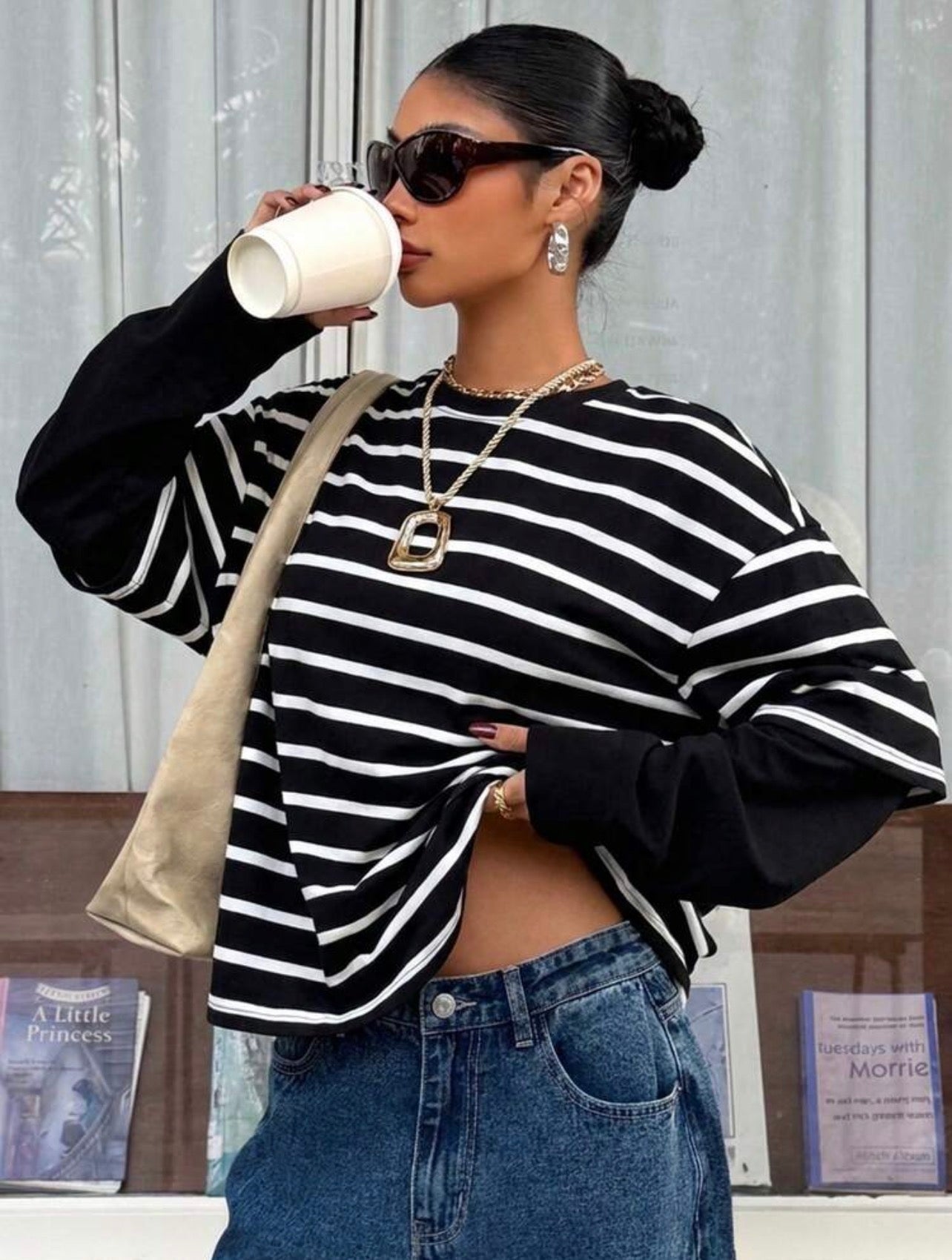 Women’s 2-in-1 Black Striped Patchwork Round Neck Loose Long Sleeve T-Shirt – Casual Top