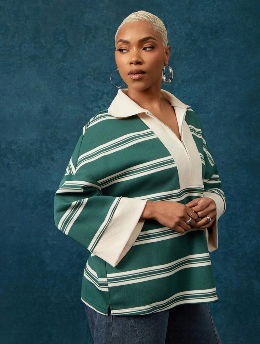 Women’s Striped Half Zip Quarter Sleeve Collared Oversized Top – Casual Everyday Wear