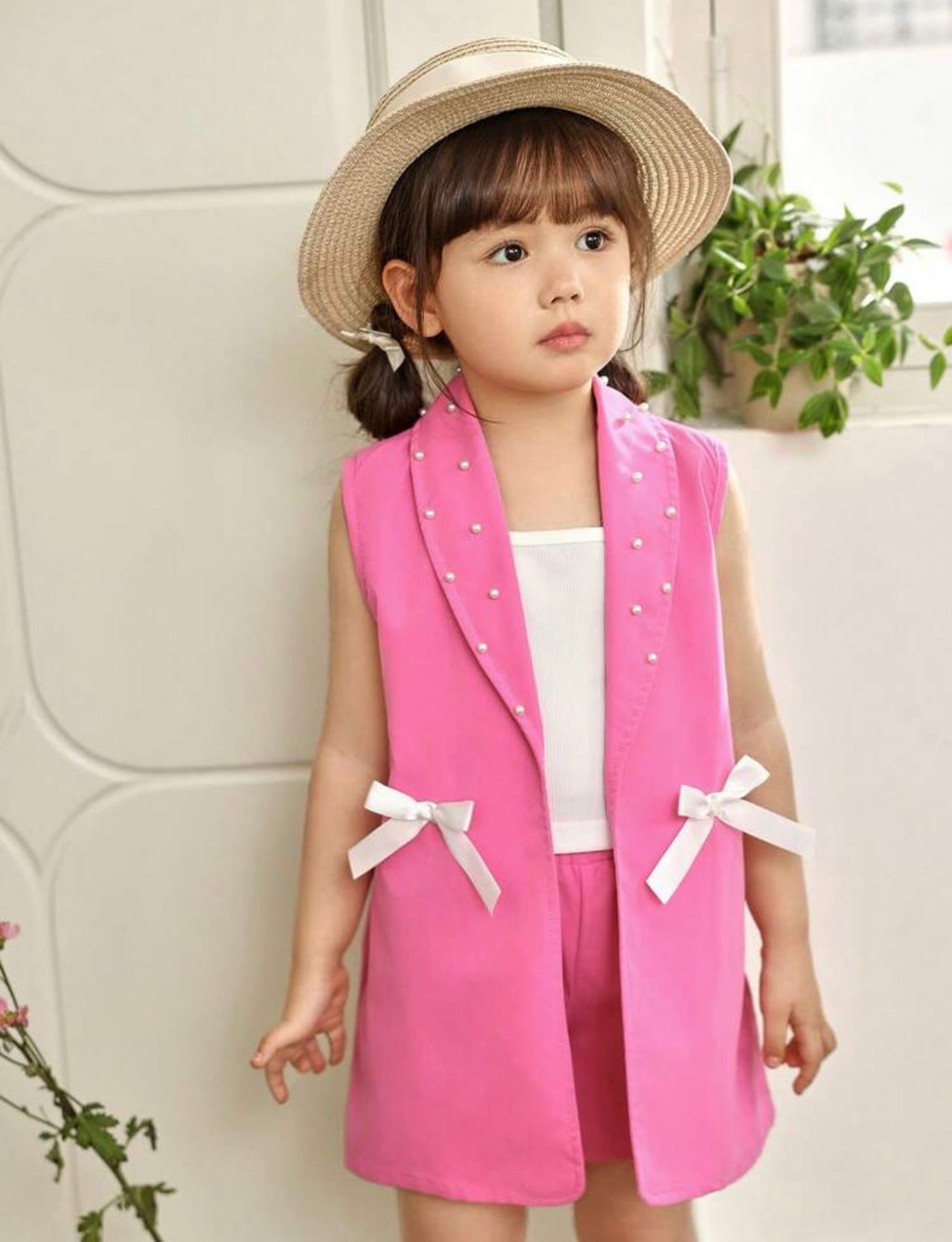 Girls Pink Blazer, Knit Camisole & Pearl Embellished Shorts Formal 3-Piece Set